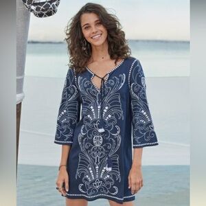 Sundance Navy Blue & White Palace Tunic Bead Embroidery Detail Dress Cover Up